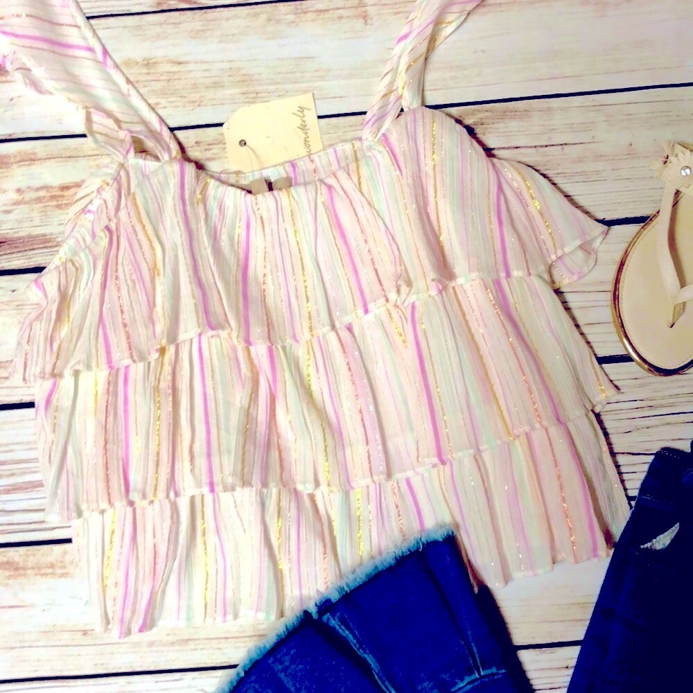 NWT Ruffed Layered Boho Wonderly Sun Striped Pullover Tiered Top